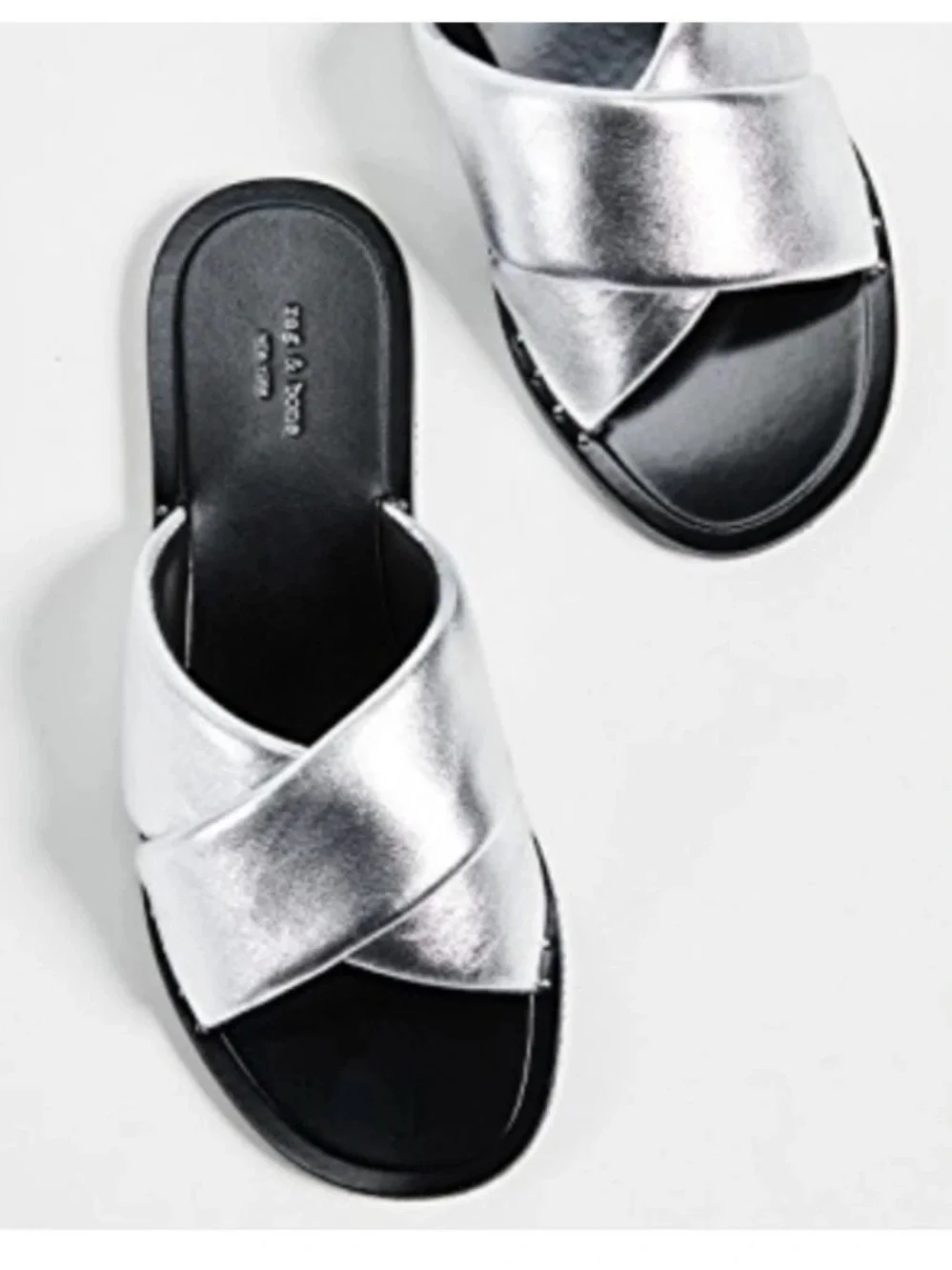 rag & bone Keaton Silver Metallic Crisscross Slide Sandals size 36 never worn - Picture 1 of 9